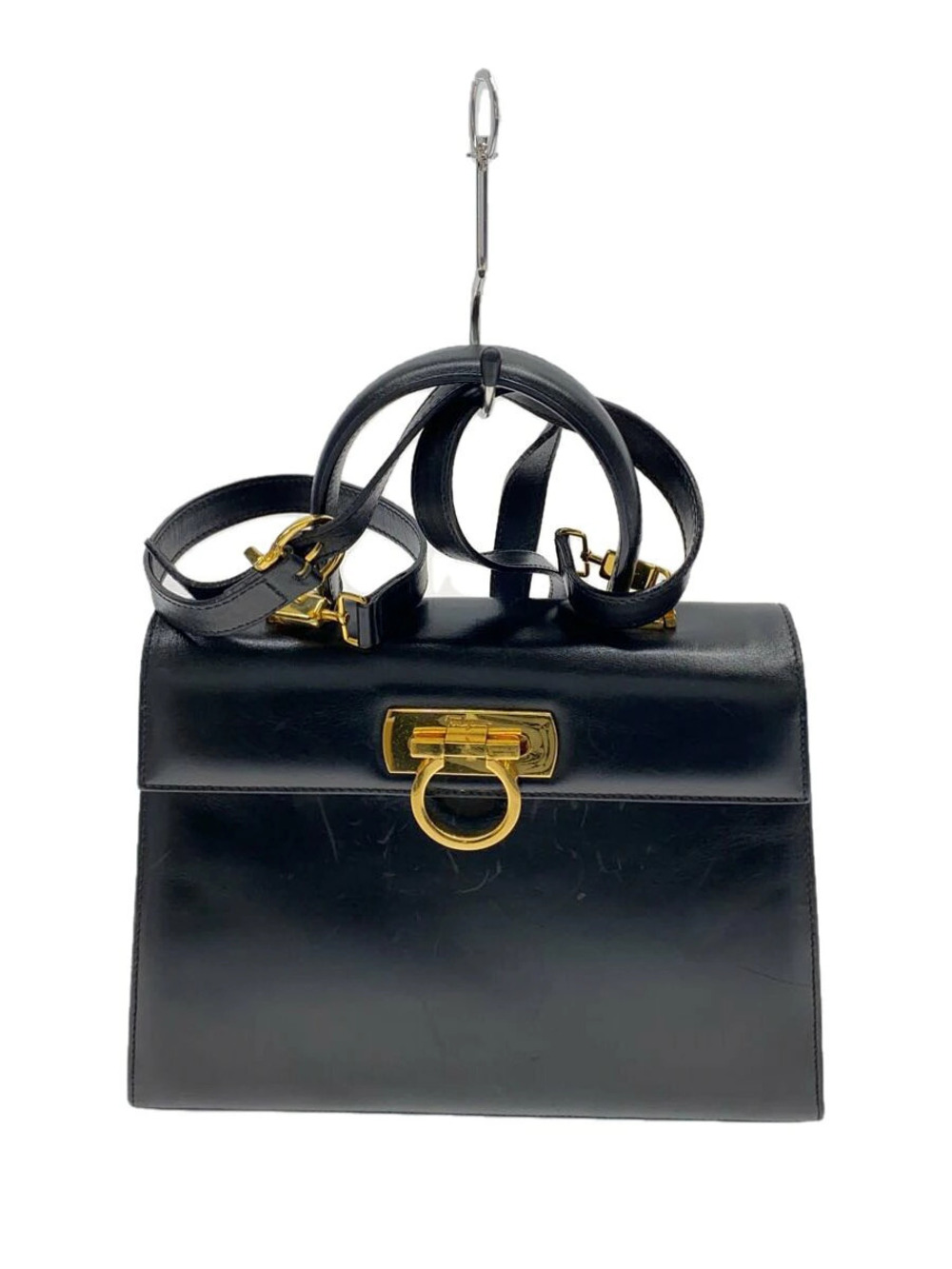Salvatore Ferragamo leather Gancini top handle bag flap Black